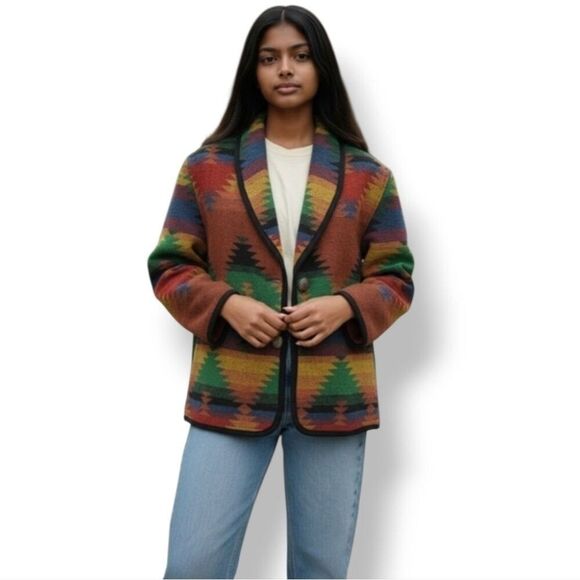 Vintage Jackets & Blazers - Vintage Jofeld Wool Blend Southwestern Aztec Button Down Blazer Coat Size Small